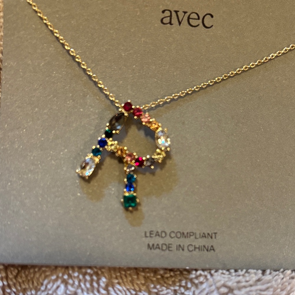 New Never Used Avec Multicolor Pendant Necklace - letter R with Box